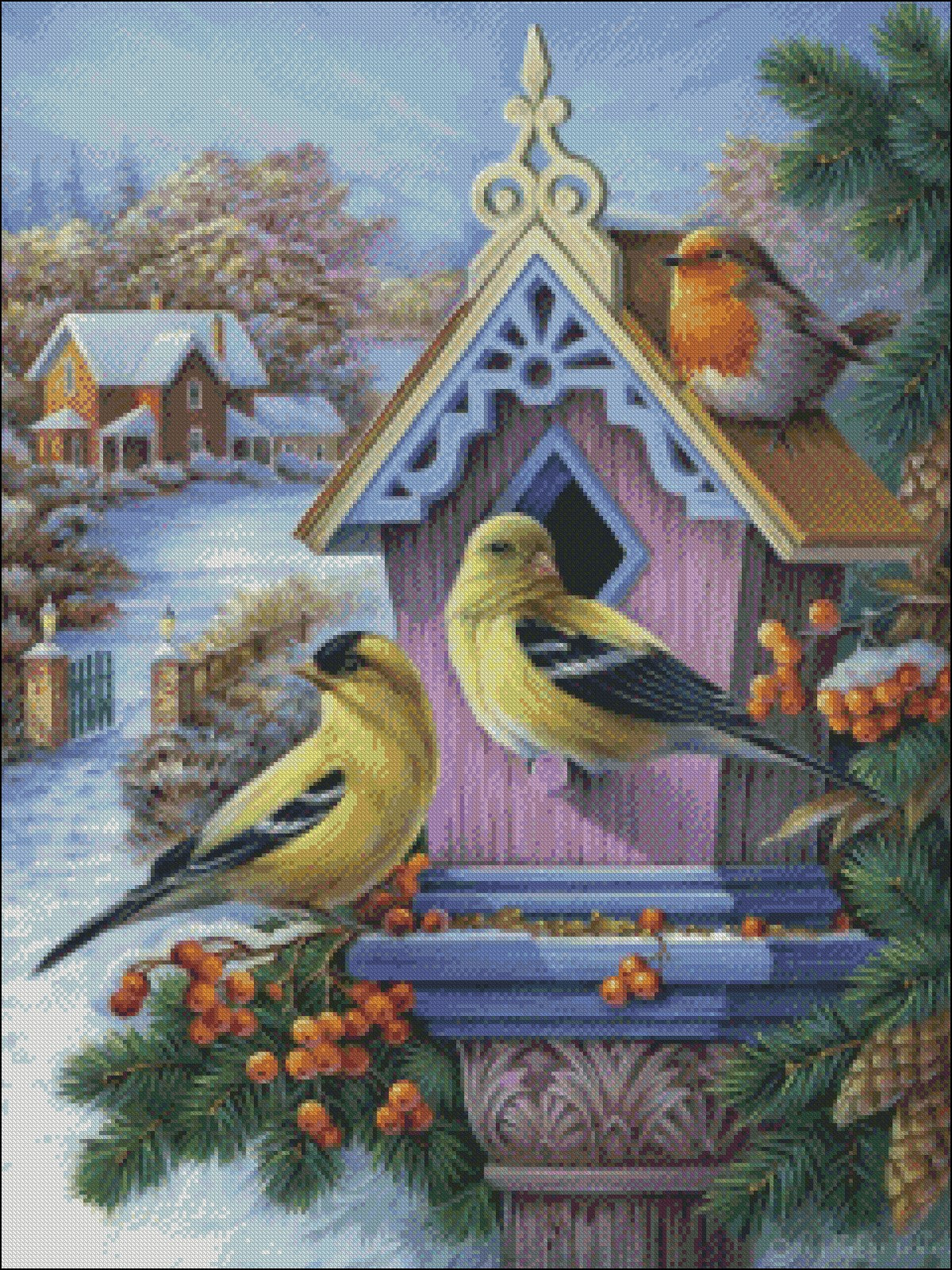 Goldfinches and First Snow - Counted Cross Stitch Patterns Embroidery Crafts Needlework DIY Chart DMC Color