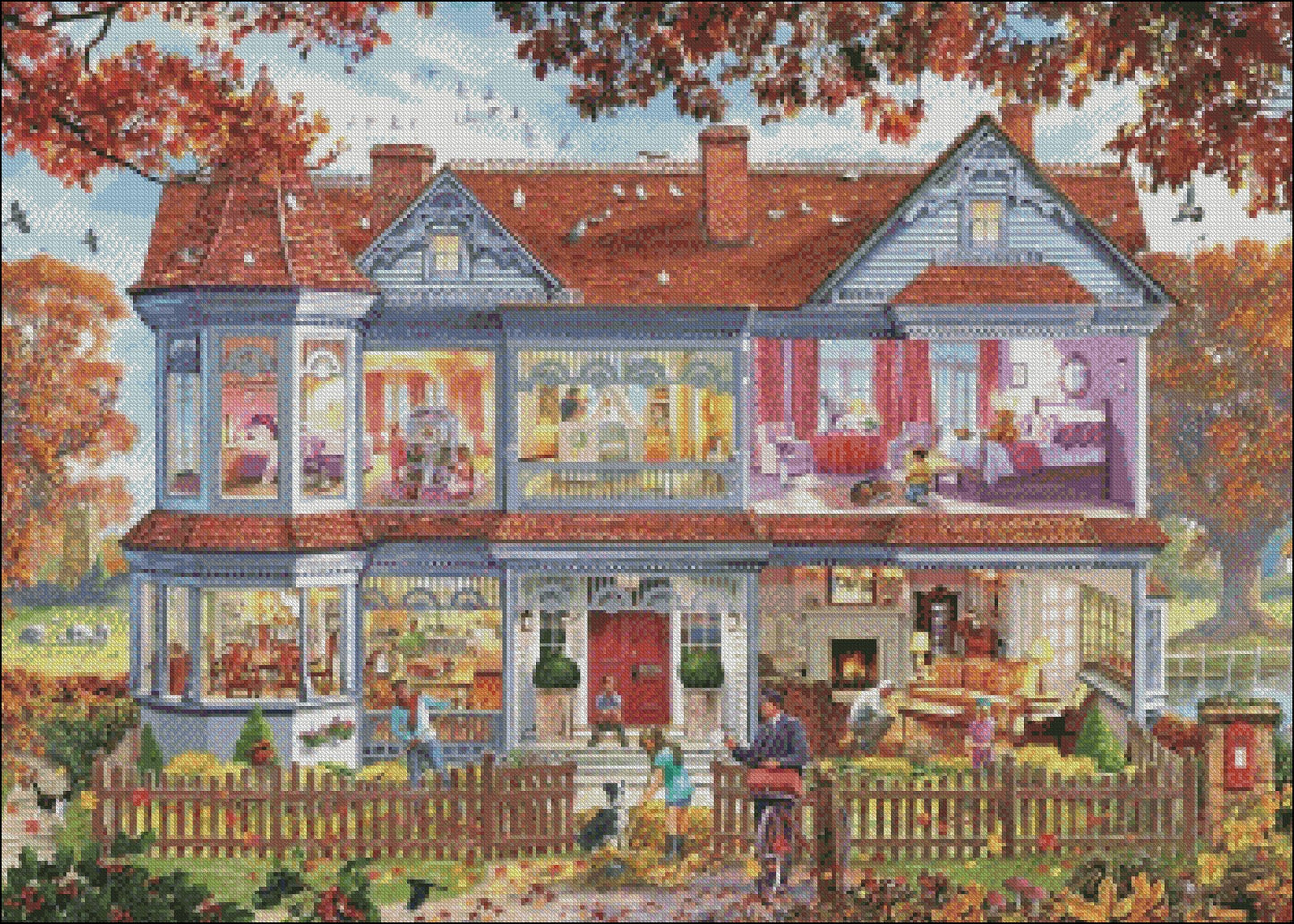 Autumn House - Counted Cross Stitch Patterns Embroidery Crafts Needlework DIY Chart DMC Color