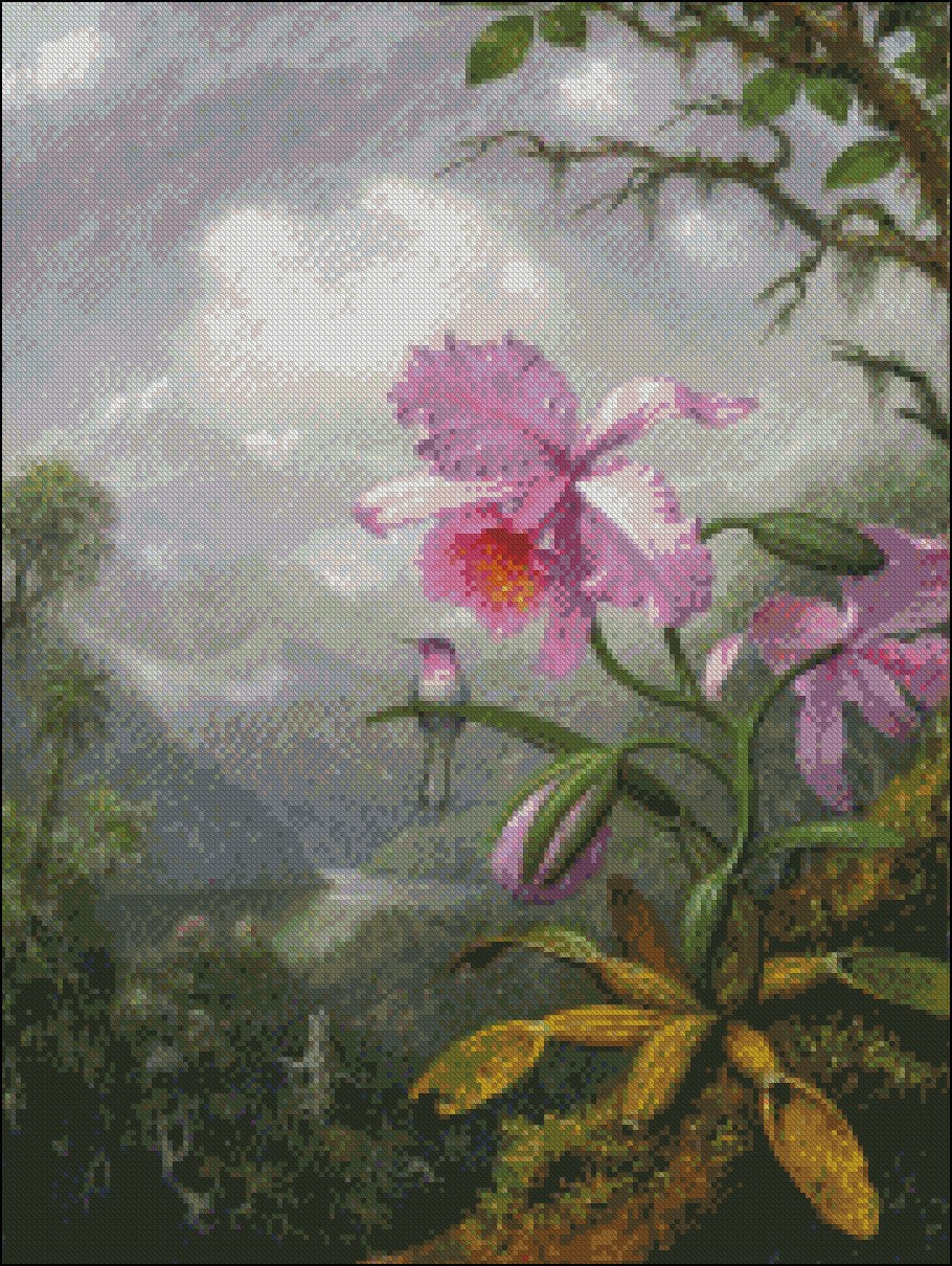 Hummingbird Perched on an Orchid Plant - Counted Cross Stitch Patterns Embroidery Crafts Needlework DIY Chart DMC Color