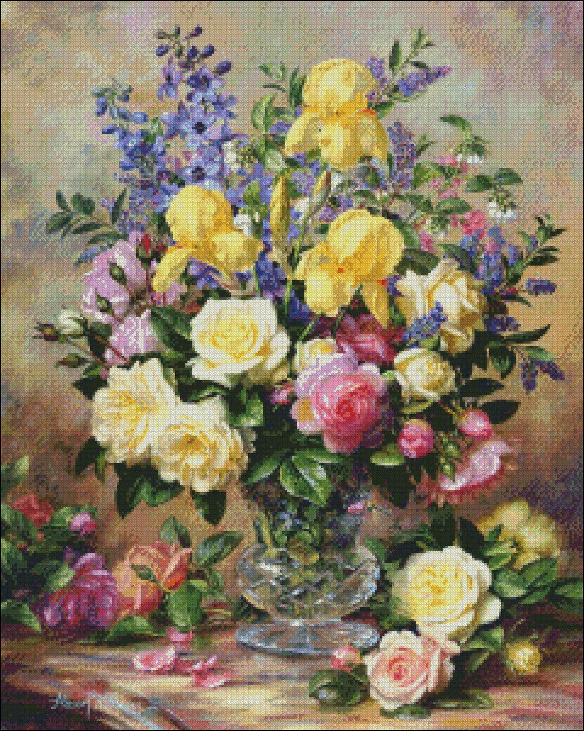 Flowers in a Glass Vase - Counted Cross Stitch Patterns Embroidery Crafts Needlework DIY Chart DMC Color