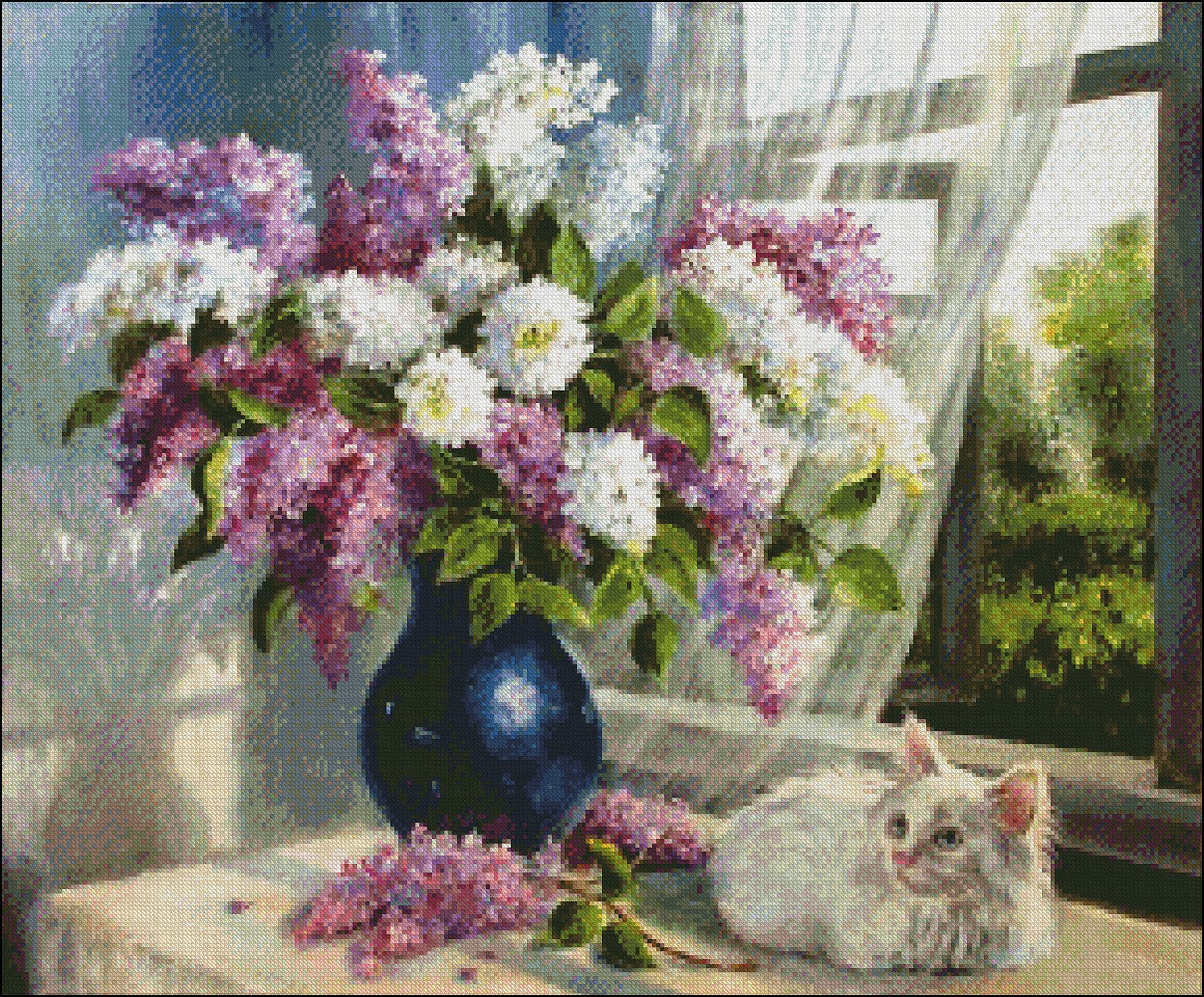 Lilacs with a Cat - Counted Cross Stitch Patterns Embroidery Crafts Needlework DIY Chart DMC Color