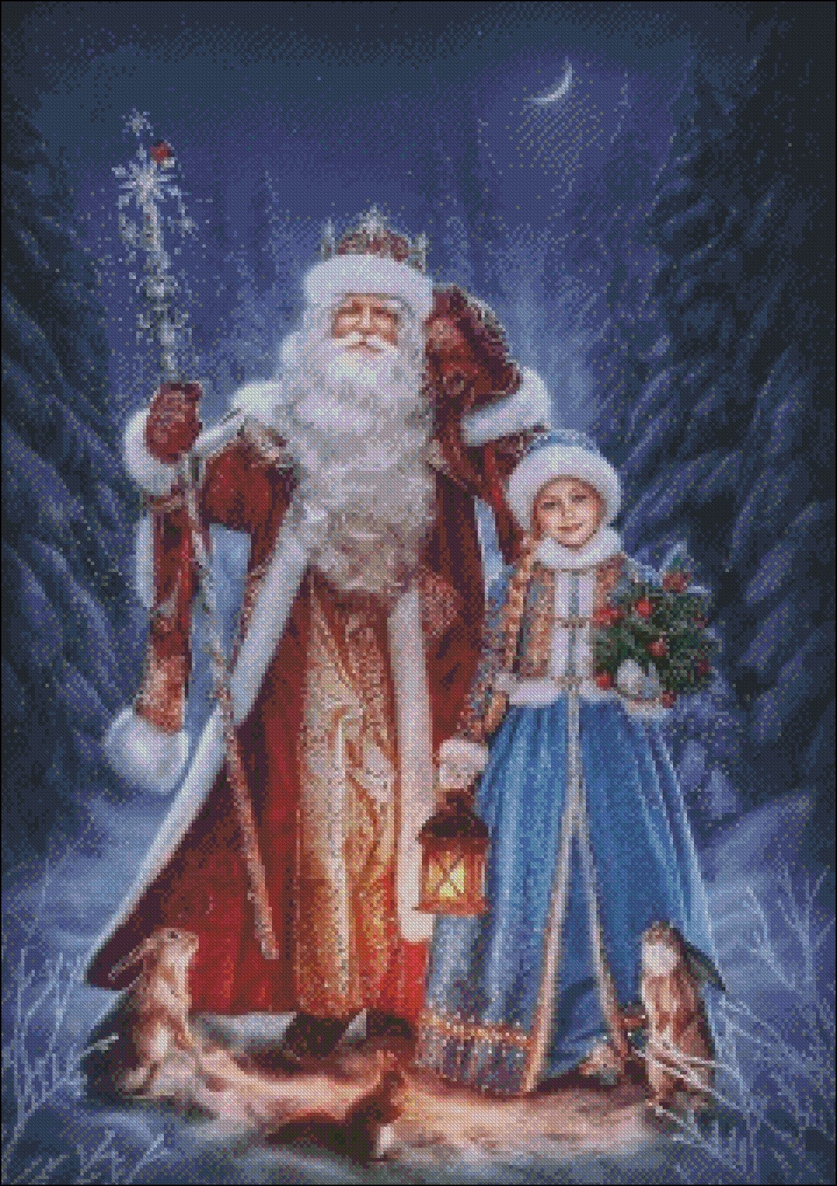 Santa Claus with Girl - Counted Cross Stitch Patterns Embroidery Crafts Needlework DIY Chart DMC Color