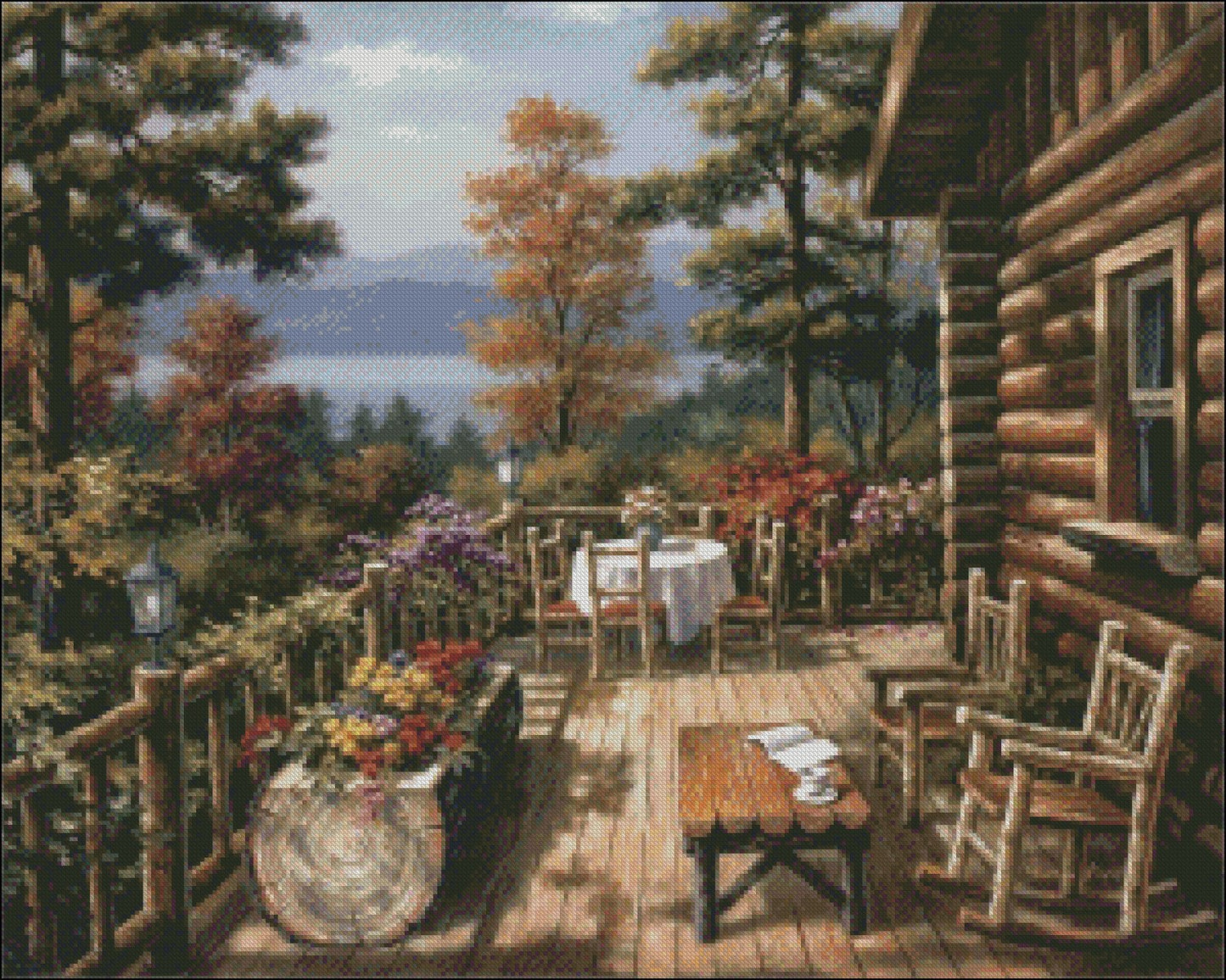 Log Cabin Porch - Counted Cross Stitch Patterns Embroidery Crafts Needlework DIY Chart DMC Color