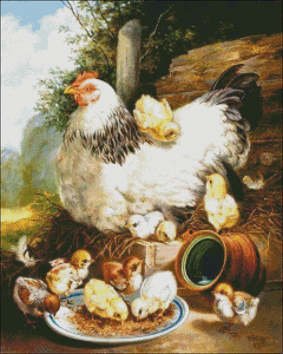 Hen with Her Chicks - Counted Cross Stitch Patterns Embroidery Crafts Needlework DIY Chart DMC Color