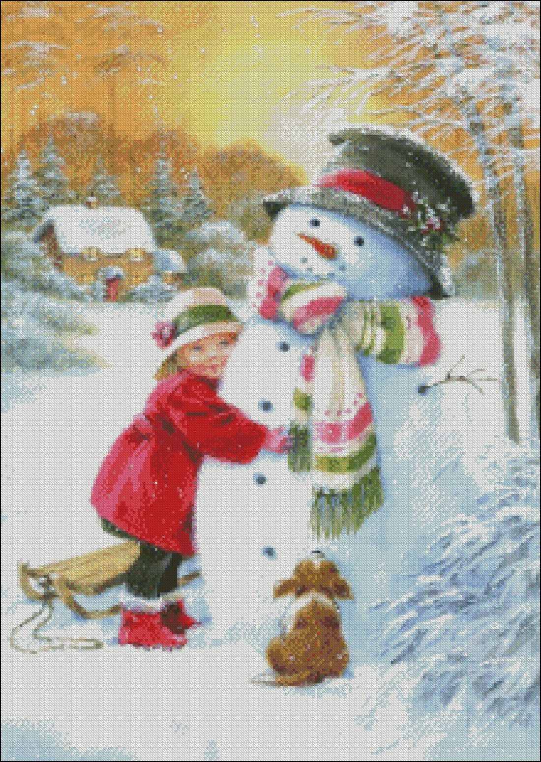 Sweet Hug with Snowman - Counted Cross Stitch Patterns Embroidery Crafts Needlework DIY Chart DMC Color