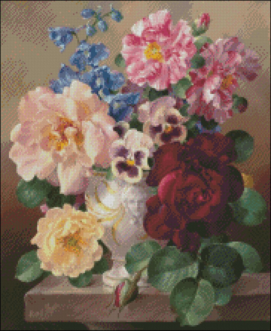 Still Life with Roses and Pansies - Counted Cross Stitch Patterns Embroidery Crafts Needlework DIY Chart DMC Color