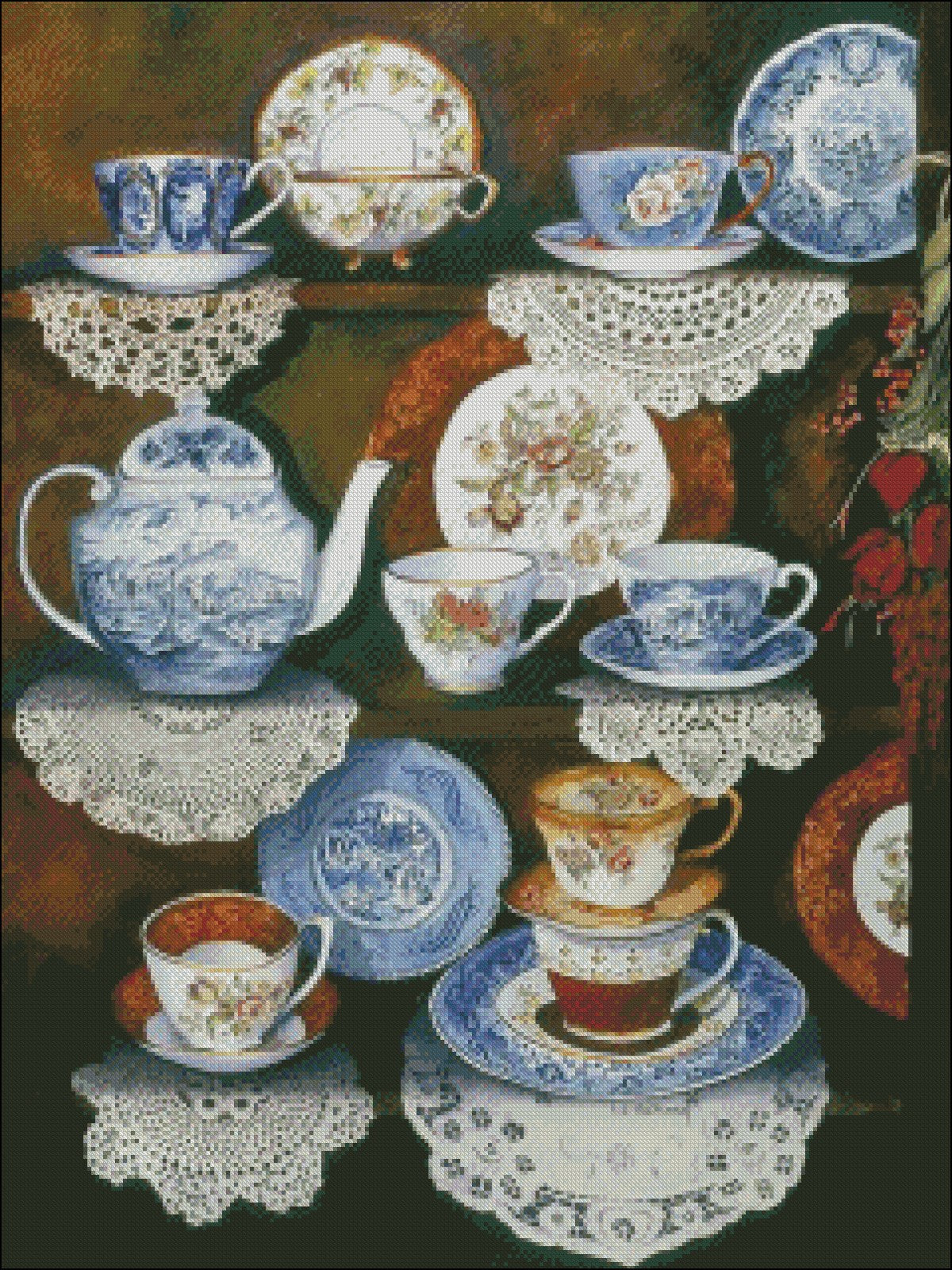 Teacups On Shelves - Counted Cross Stitch Patterns Embroidery Crafts Needlework DIY Chart DMC Color