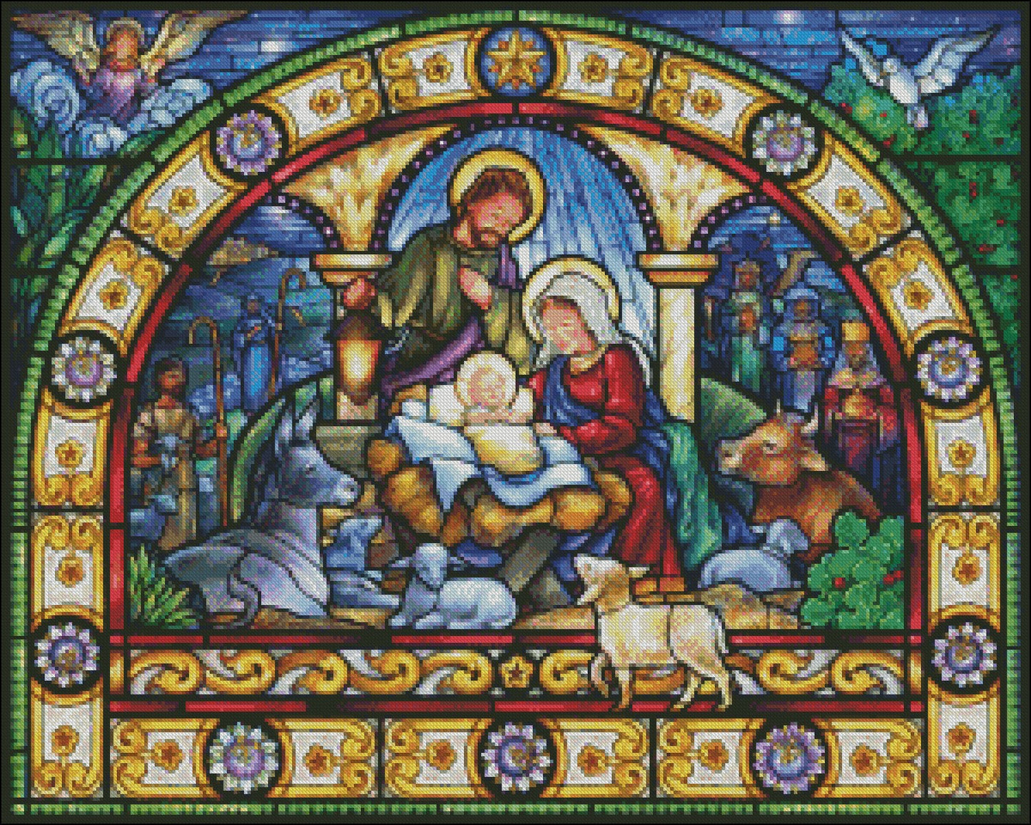 Stained Glass Holy Night - Counted Cross Stitch Patterns Embroidery Crafts Needlework DIY Chart DMC Color