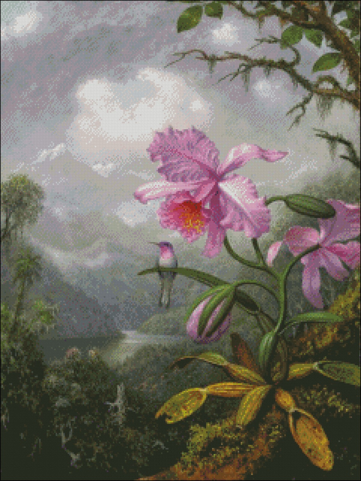 Hummingbird Perched on an Orchid Plant - Counted Cross Stitch Patterns Embroidery Crafts Needlework DIY Chart DMC Color