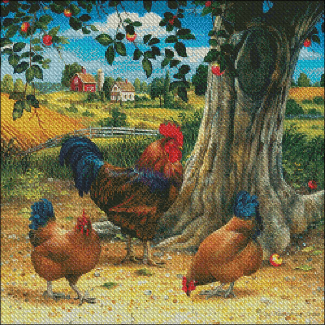 Rooster and Hens - Counted Cross Stitch Patterns Embroidery Crafts Needlework DIY Chart DMC Color