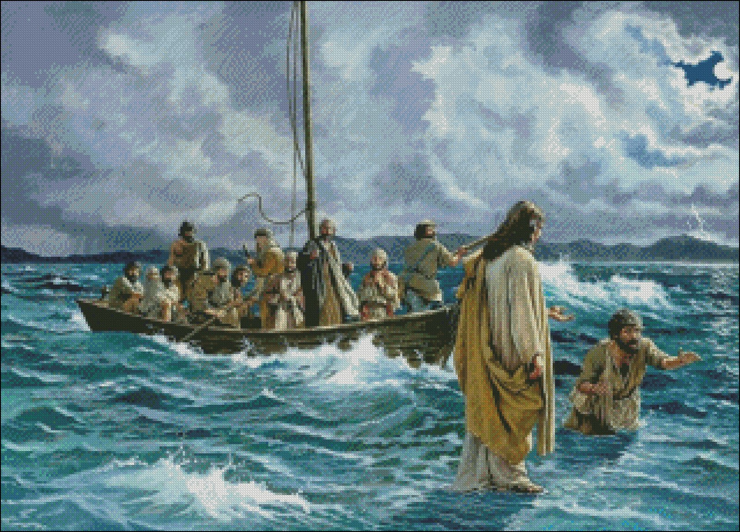 Christ walking on the Sea of Galilee - Counted Cross Stitch Patterns Embroidery Crafts Needlework DIY Chart DMC Color