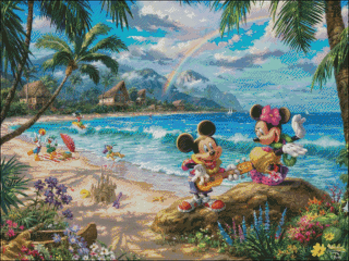 Mickey and Minnie on the beach in Hawaii - Counted Cross Stitch Patterns Embroidery Crafts Needlework DIY Chart DMC Color