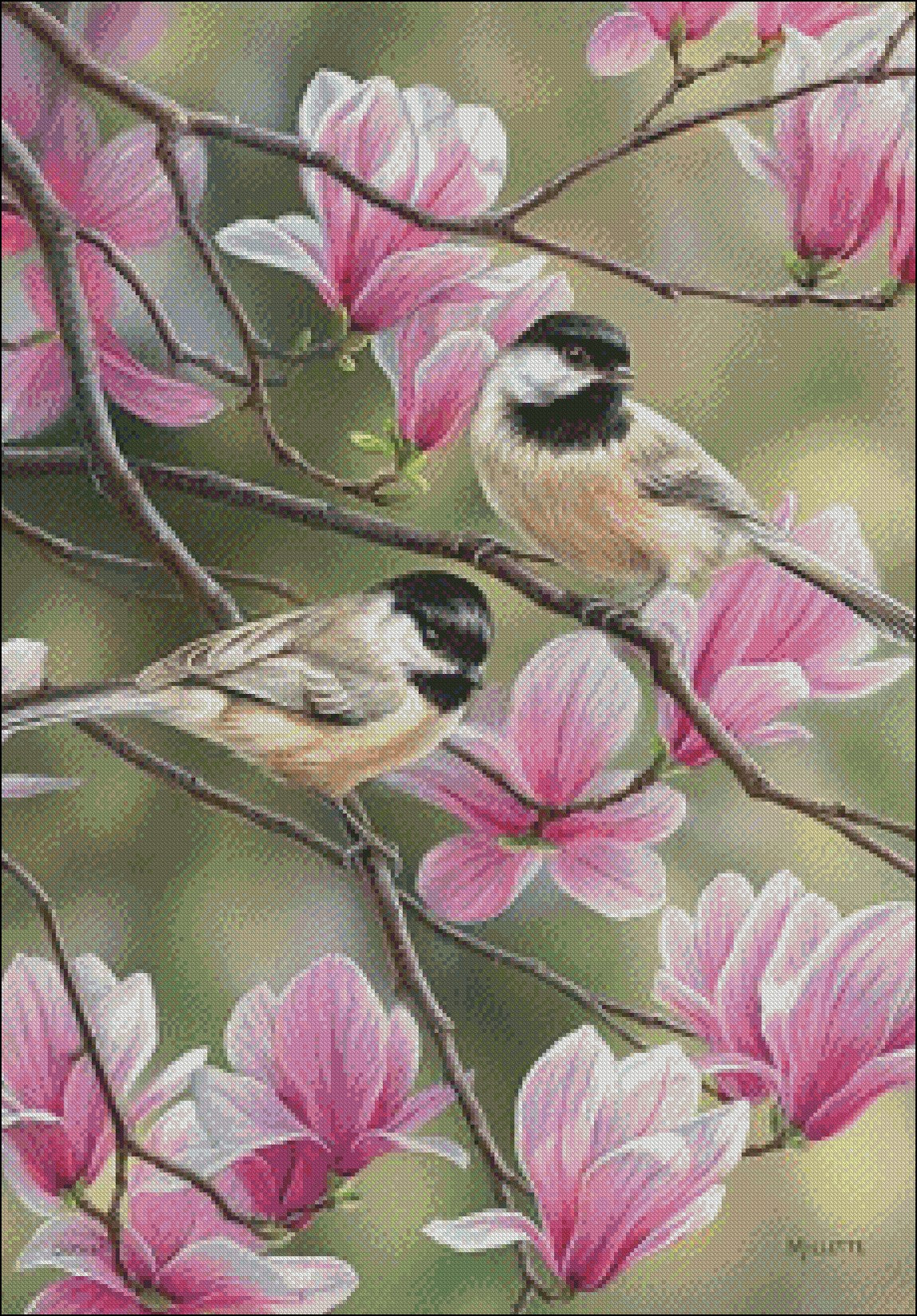 Springtime Chickadee - Counted Cross Stitch Patterns Embroidery Crafts Needlework DIY Chart DMC Color