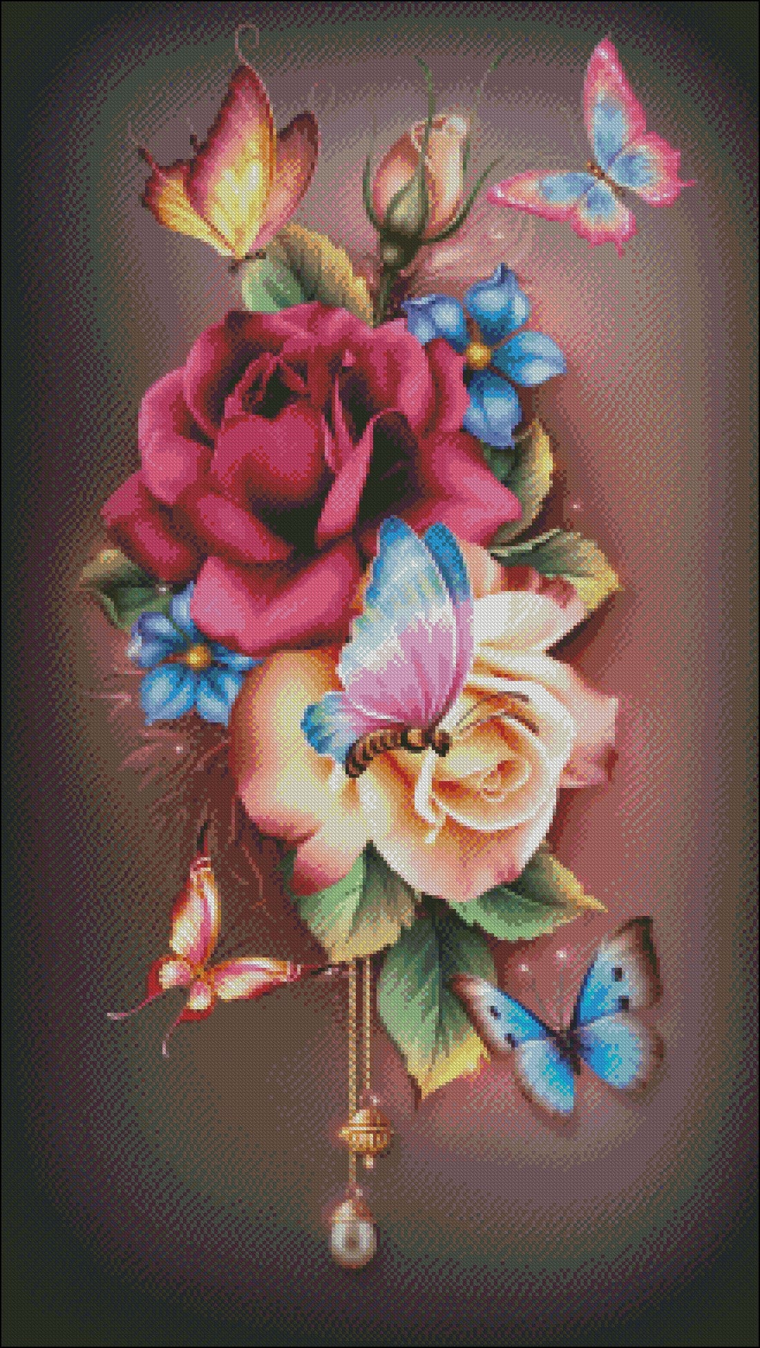 Butterflies Roses - Counted Cross Stitch Patterns Embroidery Crafts Needlework DIY Chart DMC Color