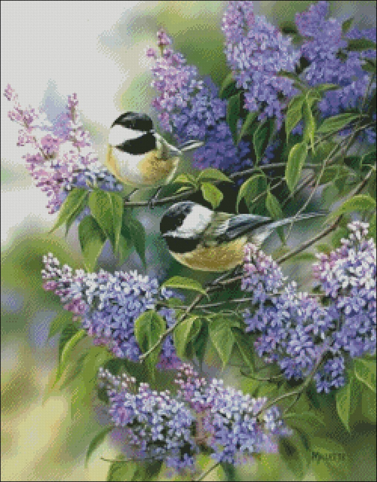 Chickadees and Lilacs - Counted Cross Stitch Patterns Embroidery Crafts Needlework DIY Chart DMC Color