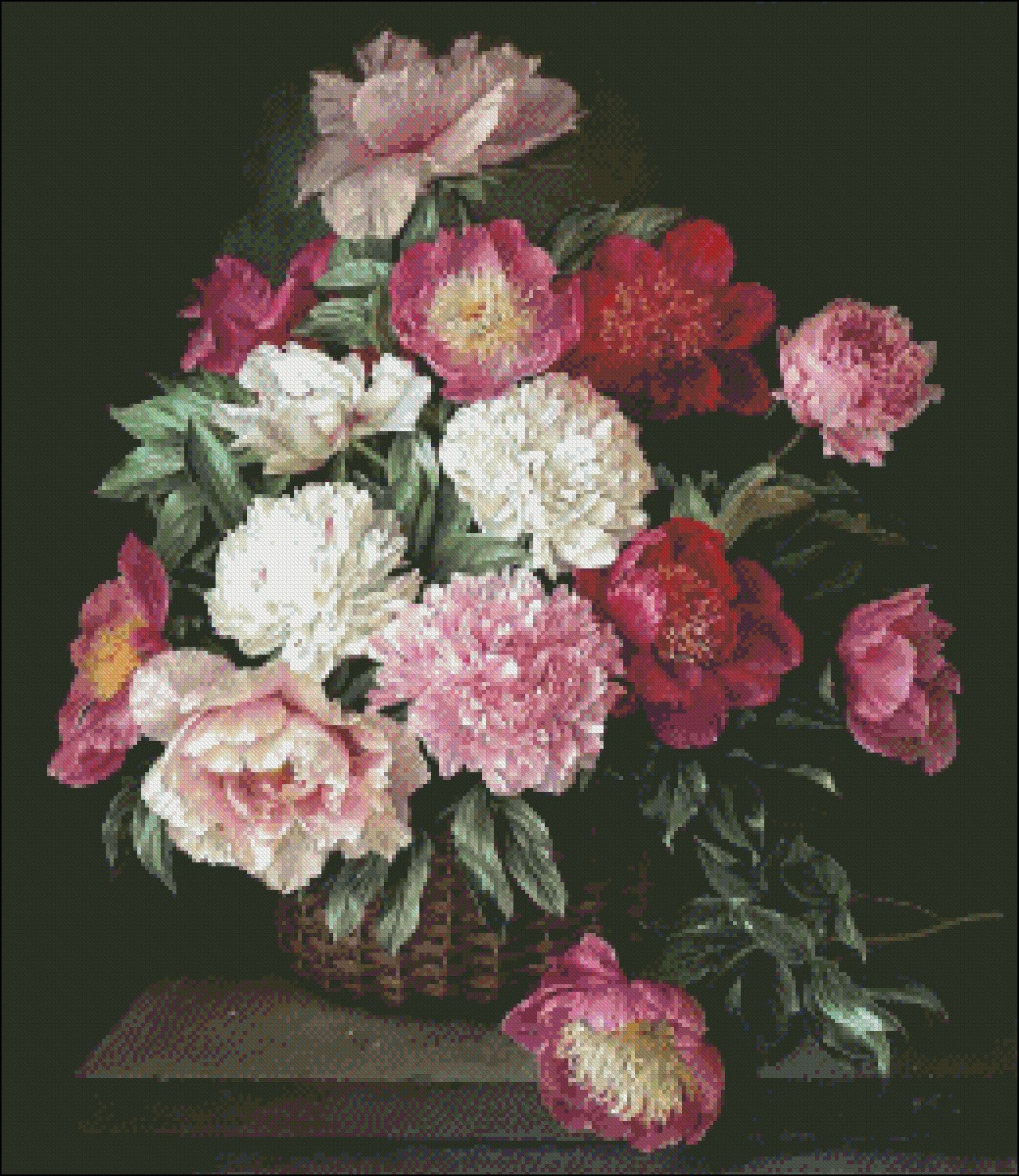 Peonies in Basket - Counted Cross Stitch Patterns Embroidery Crafts Needlework DIY Chart DMC Color