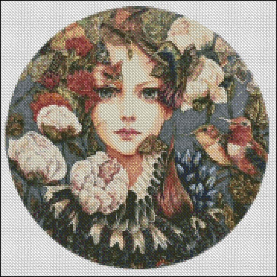 Girl with Hummingbirds and Flowers - Counted Cross Stitch Patterns Embroidery Crafts Needlework DIY Chart DMC Color