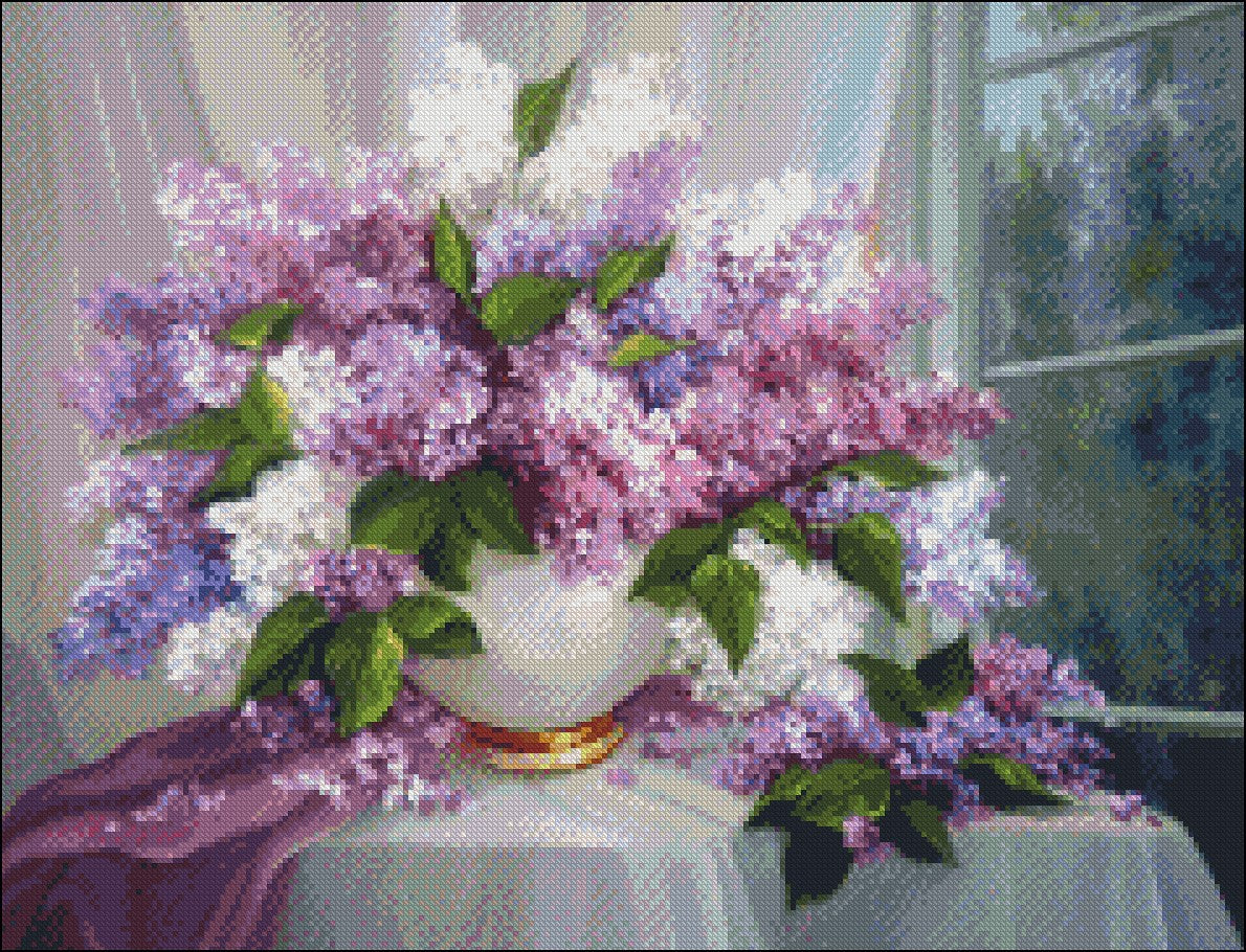 Lilac by the window - Counted Cross Stitch Patterns Embroidery Crafts Needlework DIY Chart DMC Color