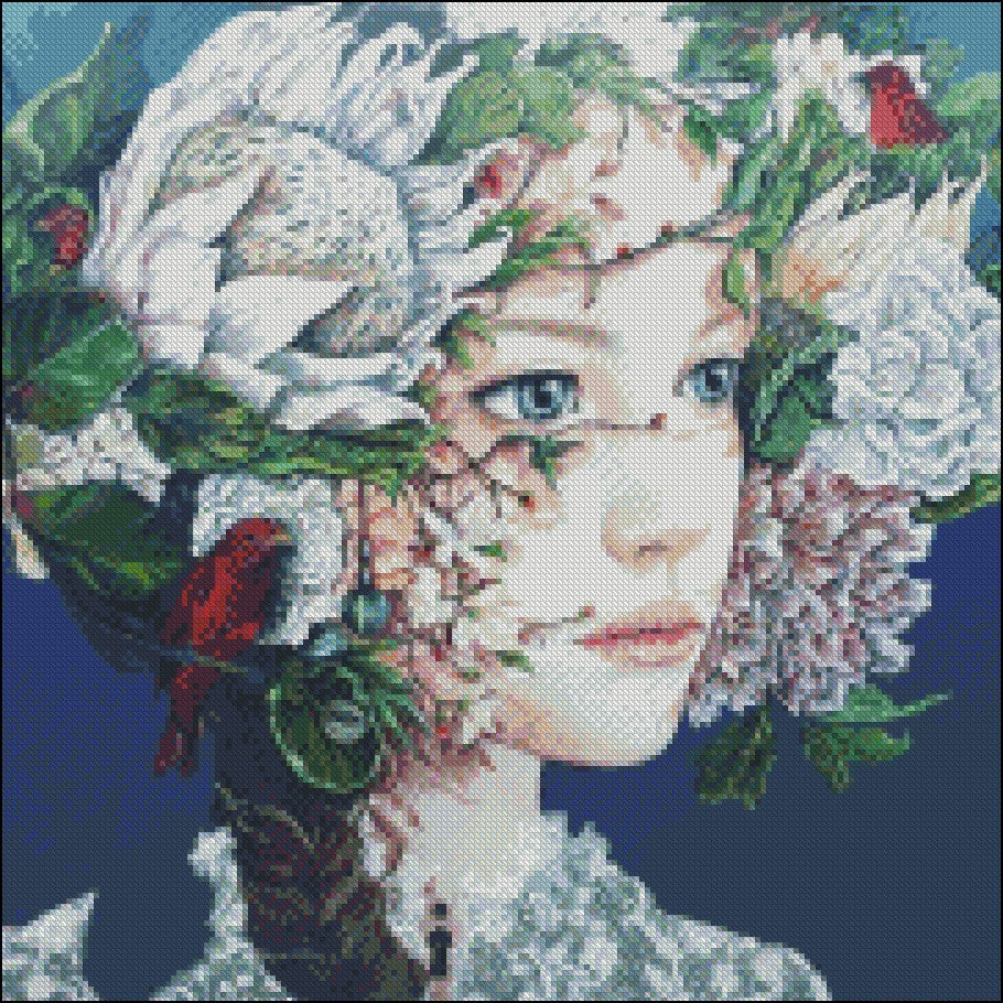 Girl with Flowers 7 - Counted Cross Stitch Patterns Embroidery Crafts Needlework DIY Chart DMC Color