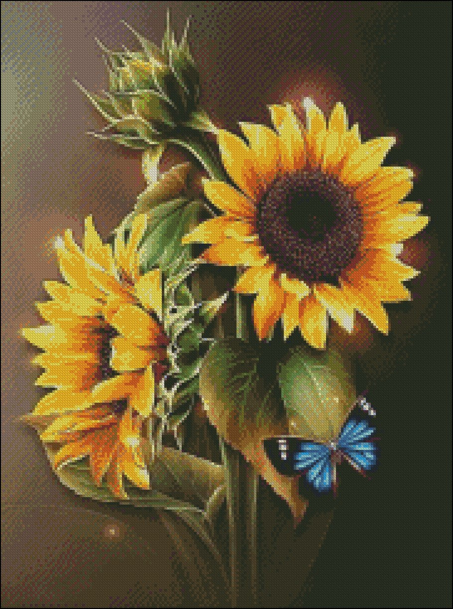 Sunflowers with Blue Butterfly - Counted Cross Stitch Patterns Embroidery Crafts Needlework DIY Chart DMC Color