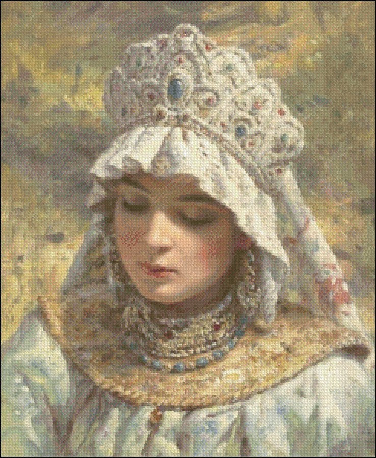 Russian Beauty Wearing a Kokoshnik - Counted Cross Stitch Patterns Embroidery Crafts Needlework DIY Chart DMC Color