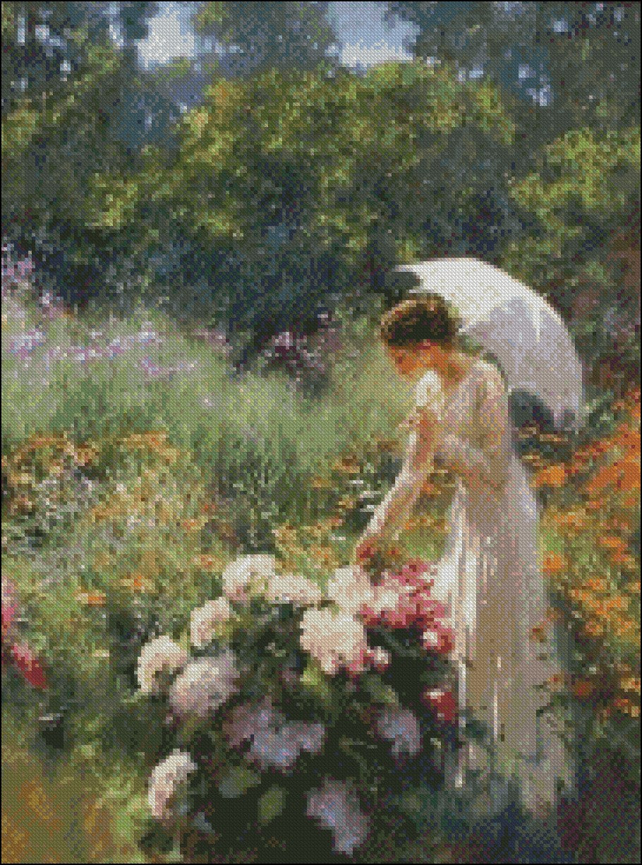 Lady Enjoying Flowers - Counted Cross Stitch Patterns Embroidery Crafts Needlework DIY Chart DMC Color