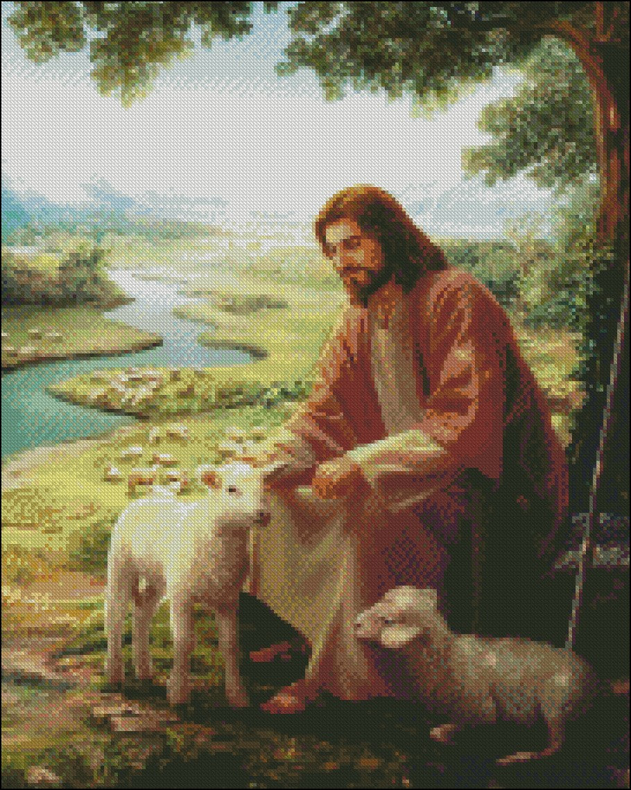 Jesus Christ with Lam - Counted Cross Stitch Patterns Embroidery Crafts Needlework DIY Chart DMC Color