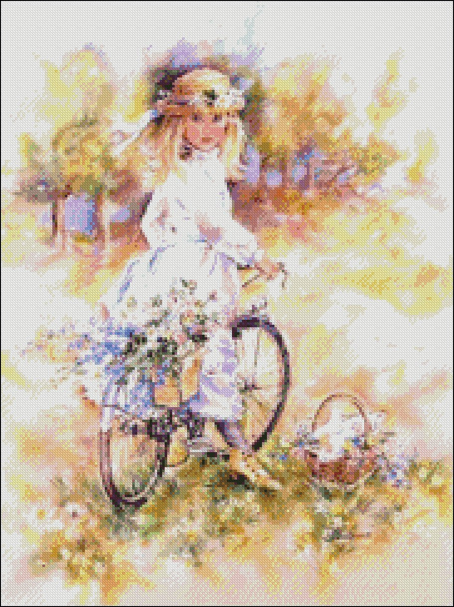 Bicycle Ride - Counted Cross Stitch Patterns Embroidery Crafts Needlework DIY Chart DMC Color