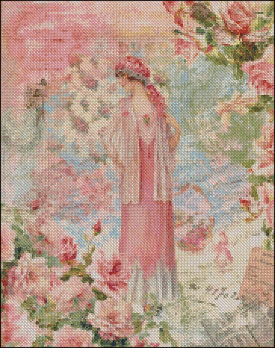 Victorian Pink Lady 2 - Counted Cross Stitch Patterns Embroidery Crafts Needlework DIY Chart DMC Color