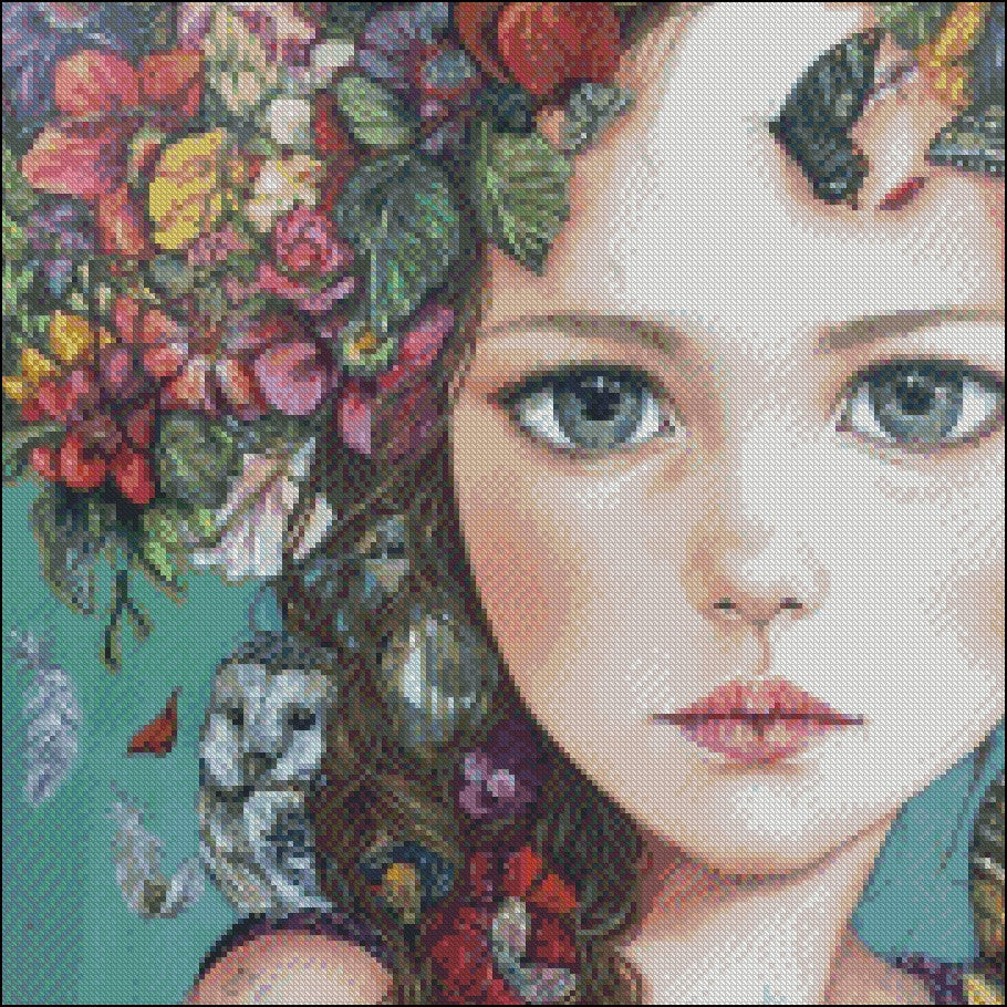 Girl with Flowers 3 - Counted Cross Stitch Patterns Embroidery Crafts Needlework DIY Chart DMC Color