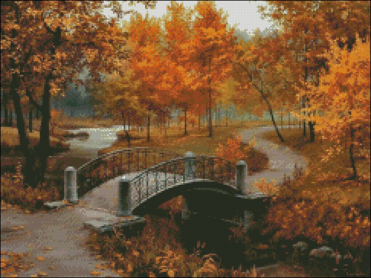 Autumn Scenic Bridge - Counted Cross Stitch Patterns Embroidery Crafts Needlework DIY Chart DMC Color