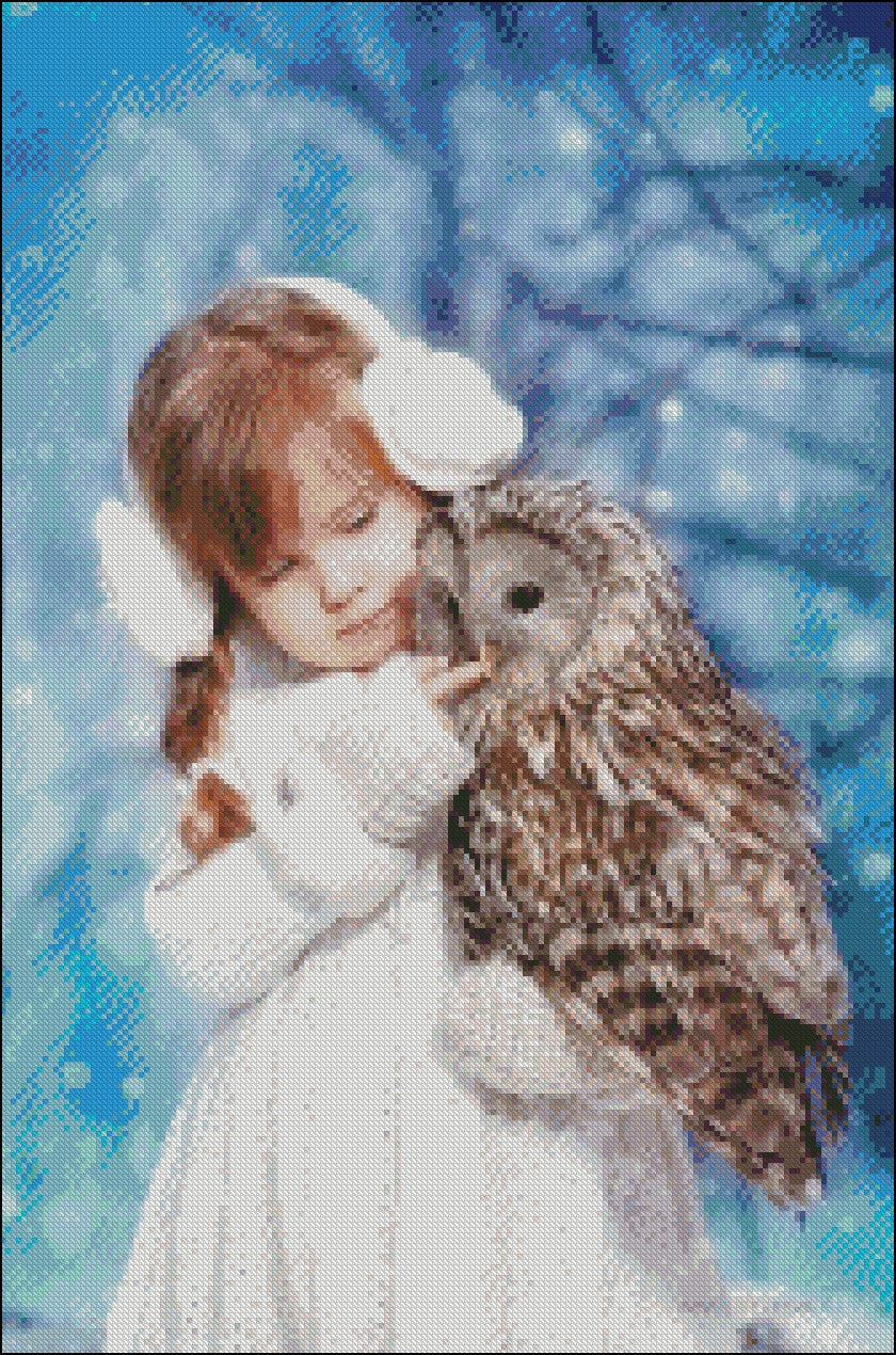 Little Girl and Owl - Counted Cross Stitch Patterns Embroidery Crafts Needlework DIY Chart DMC Color