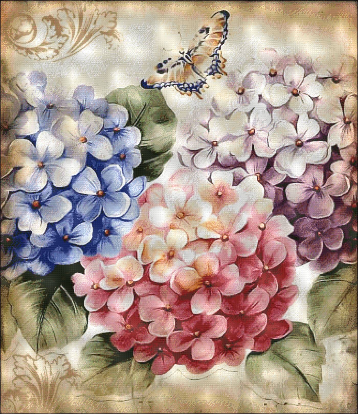 Butterflies Hydrangea 2 - Counted Cross Stitch Patterns Embroidery Crafts Needlework DIY Chart DMC Color