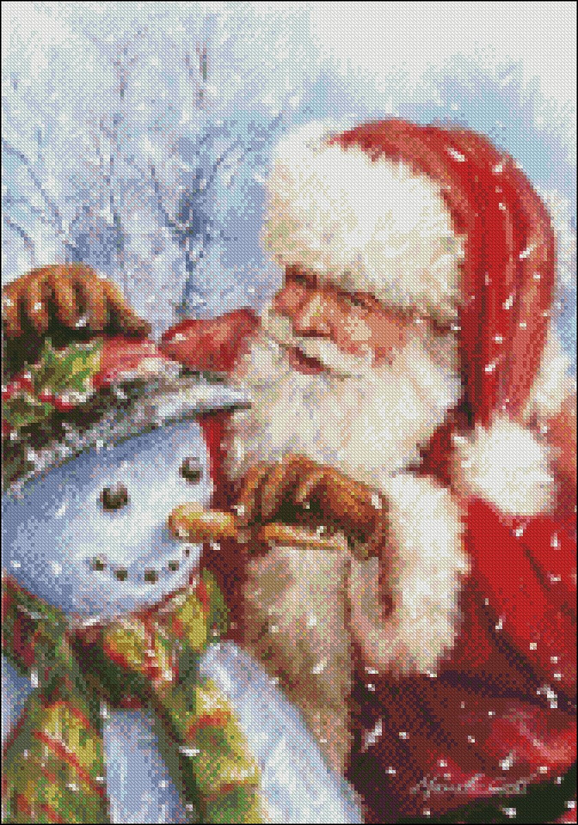 Santa with Snowman - Counted Cross Stitch Patterns Embroidery Crafts Needlework DIY Chart DMC Color