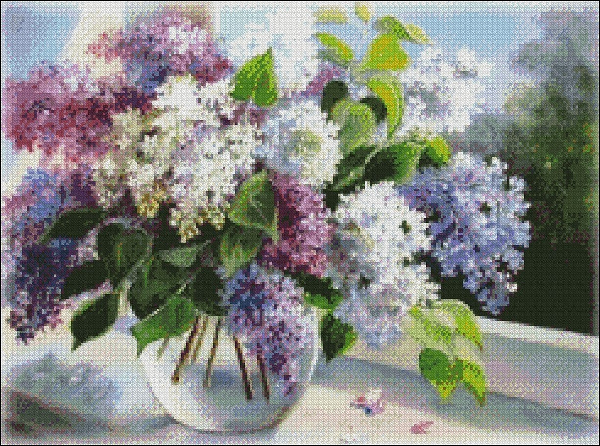 Lilac Vase by the Window - Counted Cross Stitch Patterns Embroidery Crafts Needlework DIY Chart DMC Color