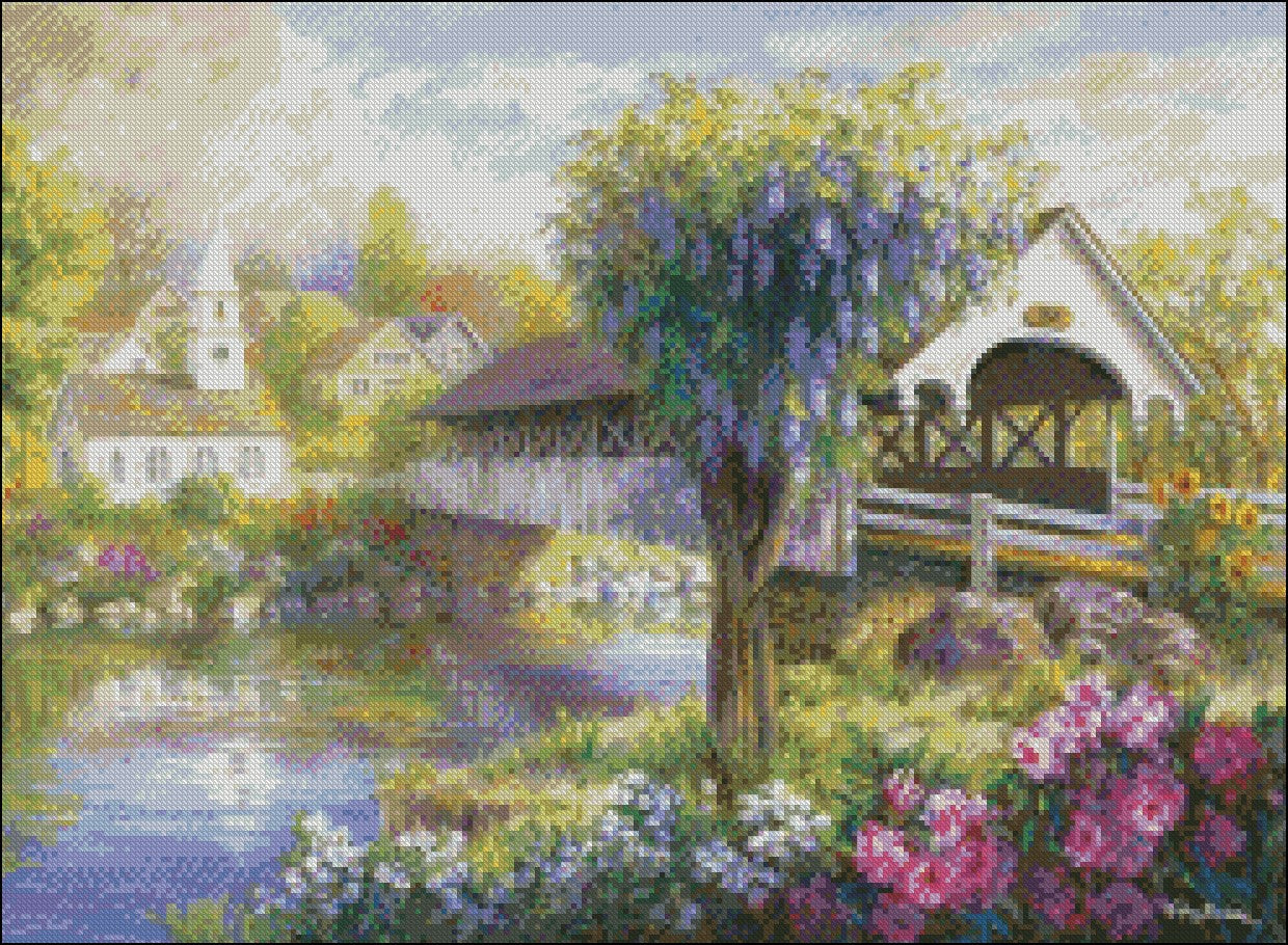 Flowers by the Lake - Counted Cross Stitch Patterns Embroidery Crafts Needlework DIY Chart DMC Color