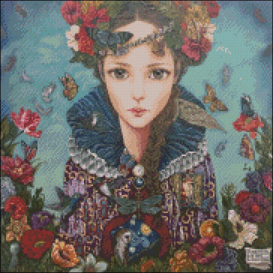 Girl with Flowers 2 - Counted Cross Stitch Patterns Embroidery Crafts Needlework DIY Chart DMC Color