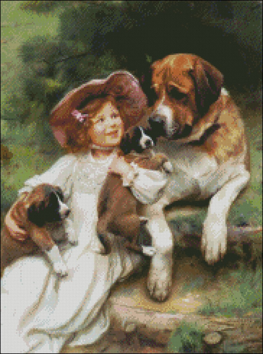 Girl with Puppy 3 - Counted Cross Stitch Patterns Embroidery Crafts Needlework DIY Chart DMC Color