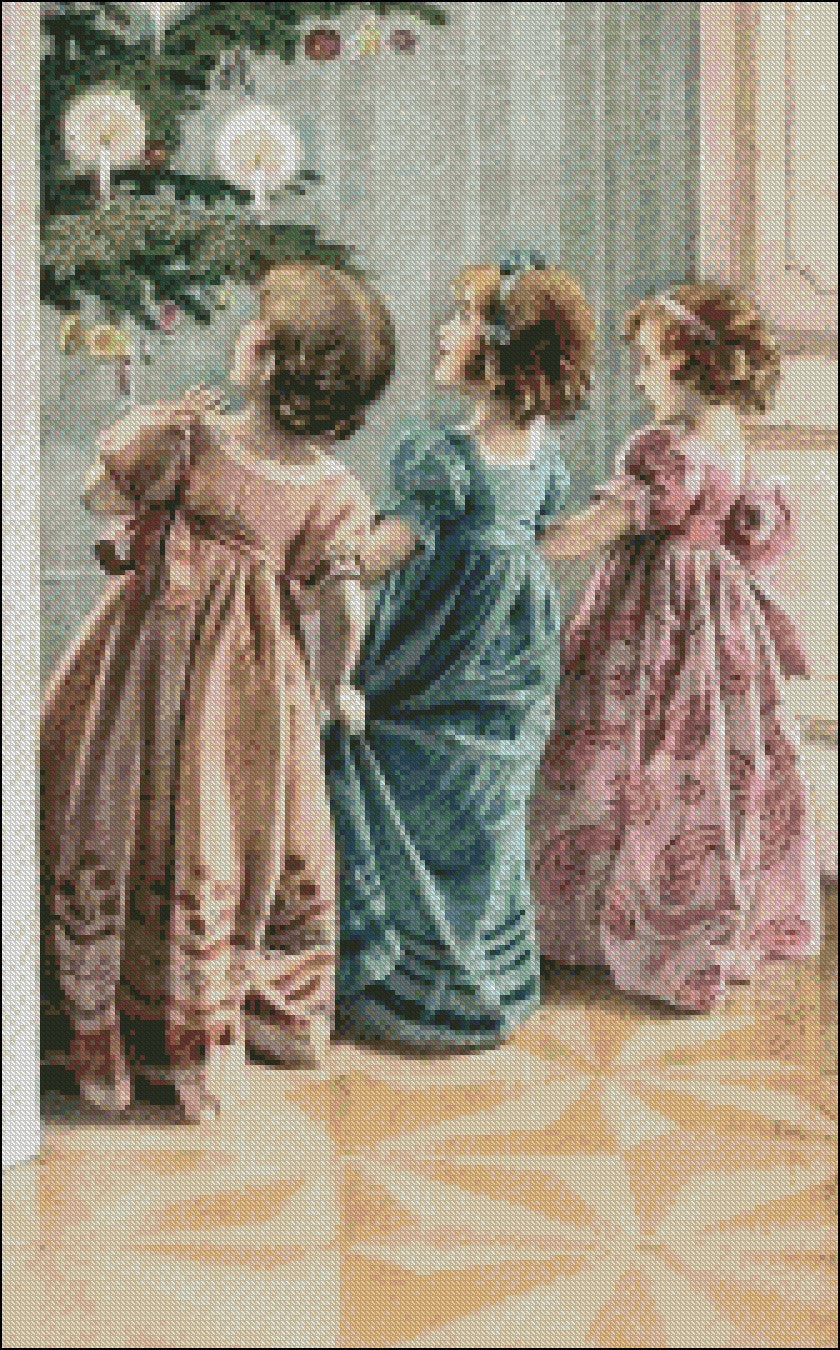 Victorian Christmas Girls 2 - Counted Cross Stitch Patterns Embroidery Crafts Needlework DIY Chart DMC Color