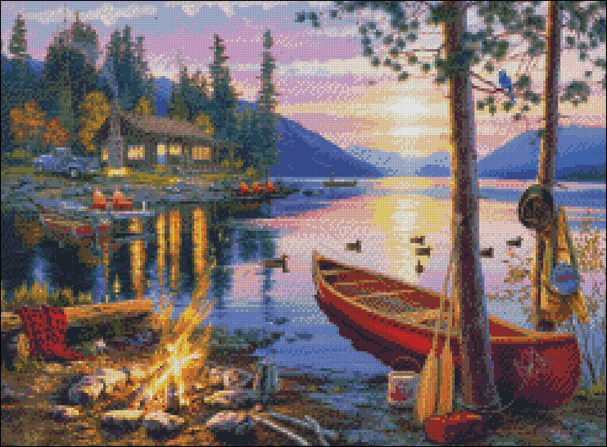 Canoe Lake - Counted Cross Stitch Patterns Embroidery Crafts Needlework DIY Chart DMC Color