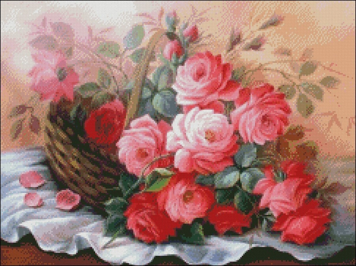 Basket of Roses - Counted Cross Stitch Patterns Embroidery Crafts Needlework DIY Chart DMC Color