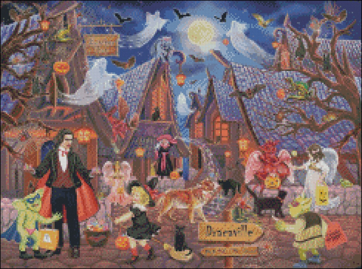 Haunted Halloween Village - Counted Cross Stitch Patterns Embroidery Crafts Needlework DIY Chart DMC Color