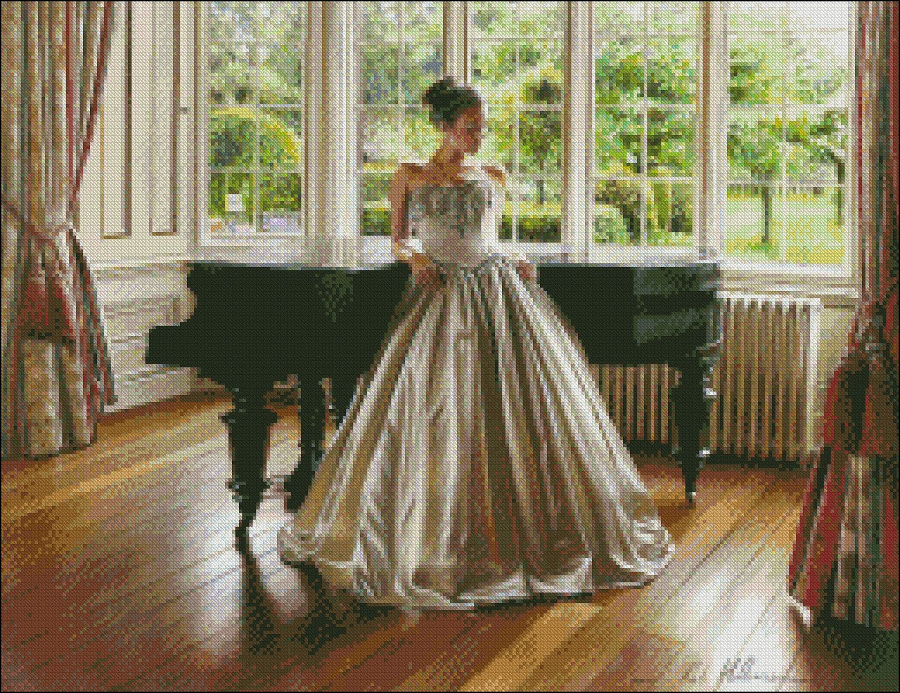 Piano and Gorgeous Dress - Counted Cross Stitch Patterns Embroidery Crafts Needlework DIY Chart DMC Color