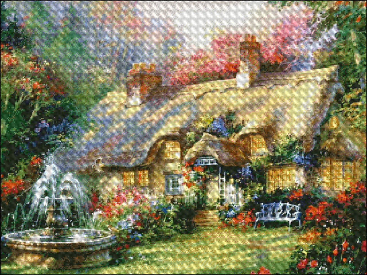 Country House with Fountain - Counted Cross Stitch Patterns Embroidery Crafts Needlework DIY Chart DMC Color