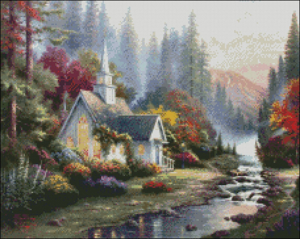 Forest Chapel - Counted Cross Stitch Patterns Embroidery Crafts Needlework DIY Chart DMC Color