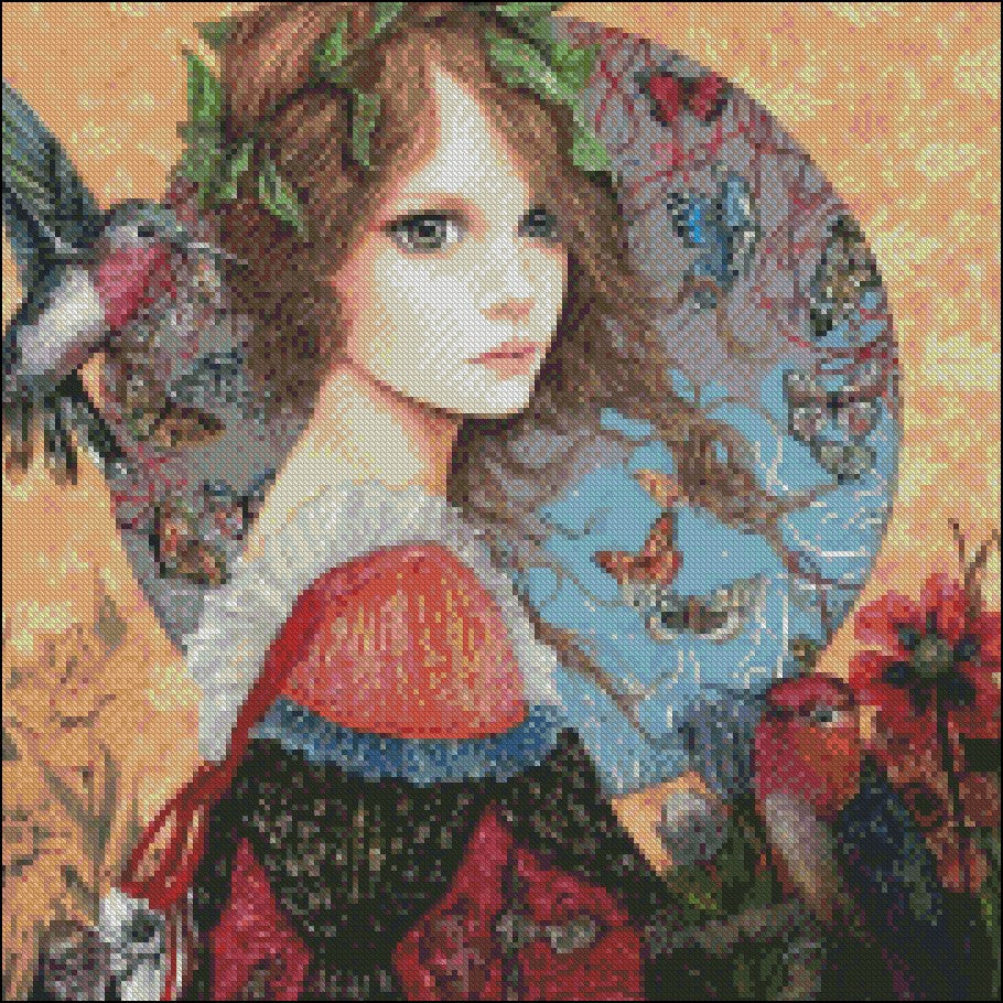 Girl with Flowers 15 - Counted Cross Stitch Patterns Embroidery Crafts Needlework DIY Chart DMC Color