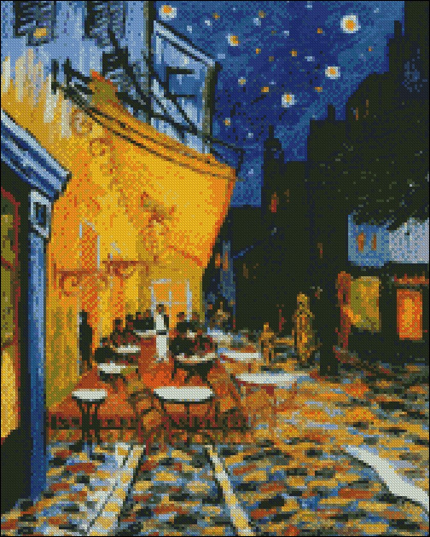 Cafe Terrace at Night - Counted Cross Stitch Patterns Embroidery Crafts Needlework DIY Chart DMC Color