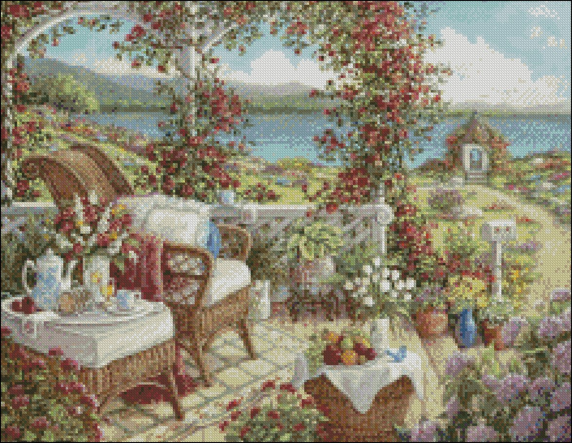 Breakfast on the Veranda - Counted Cross Stitch Patterns Embroidery Crafts Needlework DIY Chart DMC Color