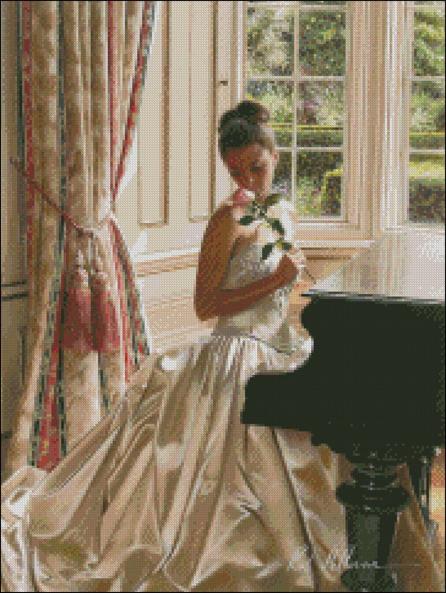 Piano and Gorgeous Dress 5 - Counted Cross Stitch Patterns Embroidery Crafts Needlework DIY Chart DMC Color