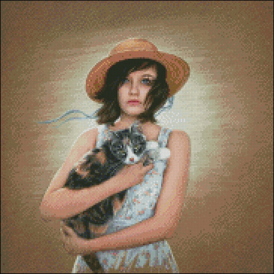 Girl Holding a Cat - Counted Cross Stitch Patterns Embroidery Crafts Needlework DIY Chart DMC Color